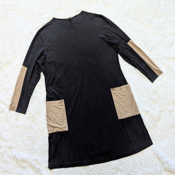 Vintage Dresses & Skirts - Y2K Vintage Suede Black & Tan Elbow Patch Front Pocket Colorblock Dress